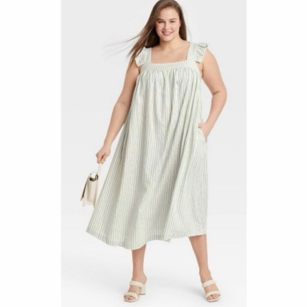 A New Day Striped Linen Blend Ruffled MIDI Dress Womens Size XL Cottagecore Boho